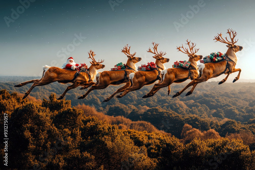 Santa Claus in a festive cityscape with reindeer and sleigh. photo