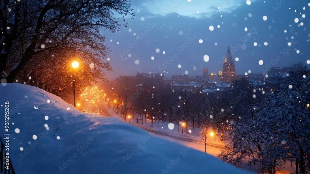 A serene winter night scene with falling snow, glowing street lamps, and a picturesque view of a distant town in twilight. A serene winter night scene with falling snow, glowing street lamps, and a picturesque view of a distant town in twilight.