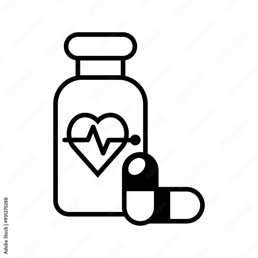 heart medicine bottle with capsules, heart with the pulse and bottle icon vector heart medicine bottle with capsules, heart with the pulse and bottle icon vector