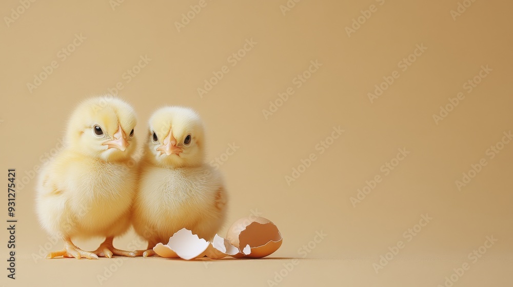 Two baby chicks stand near a broken eggshell on a beige background. Two baby chicks stand near a broken eggshell on a beige background.