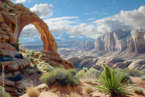 A distant view of a sandstone arch with a cactus in the foreground, highlighting the rugged beauty of the desert environment. Art Media: Photographic. Realistic set. photo