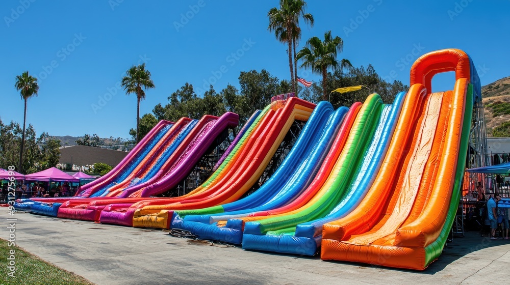 Inflatable rainbow slides at a funfair. This image is perfect for showcasing the excitement and joy of a funfair, carnival, or summer festival. Inflatable rainbow slides at a funfair. This image is perfect for showcasing the excitement and joy of a funfair, carnival, or summer festival.
