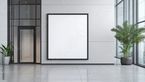 A mockup of an empty, blank white poster frame on the wall in a modern