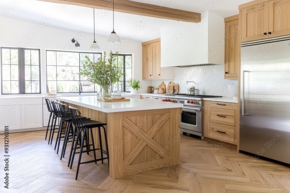 A modern kitchen with light wood cabinets and white walls, black barstools A modern kitchen with light wood cabinets and white walls, black barstools