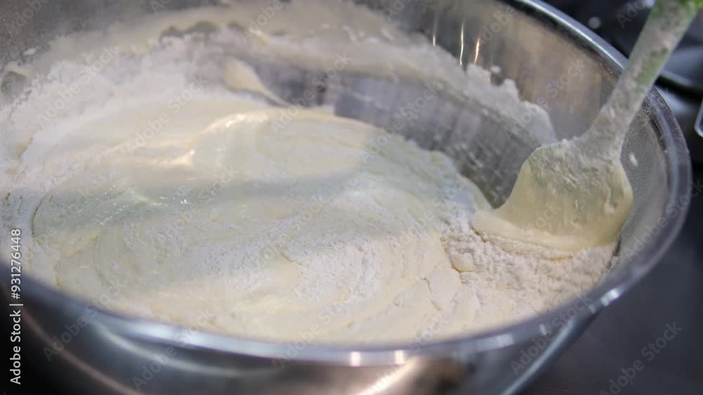 Adding flour to cookie batter and stirring with wooden spoon. stir flour into batter Adding flour to cookie batter and stirring with wooden spoon. stir flour into batter