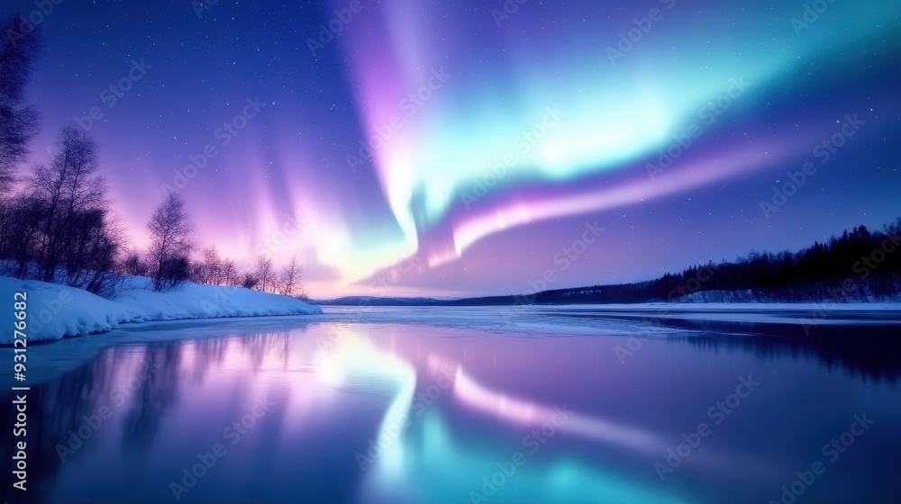 A stunning view of the aurora borealis reflected in a tranquil icy landscape. A stunning view of the aurora borealis reflected in a tranquil icy landscape.