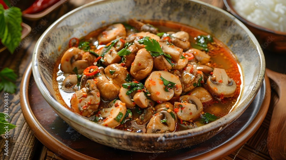 Spicy Mushroom Delight: A rustic bowl brimming with sauteed mushrooms in a fiery chili sauce, garnished with fresh herbs, promises a flavorful culinary adventure. Spicy Mushroom Delight: A rustic bowl brimming with sauteed mushrooms in a fiery chili sauce, garnished with fresh herbs, promises a flavorful culinary adventure.