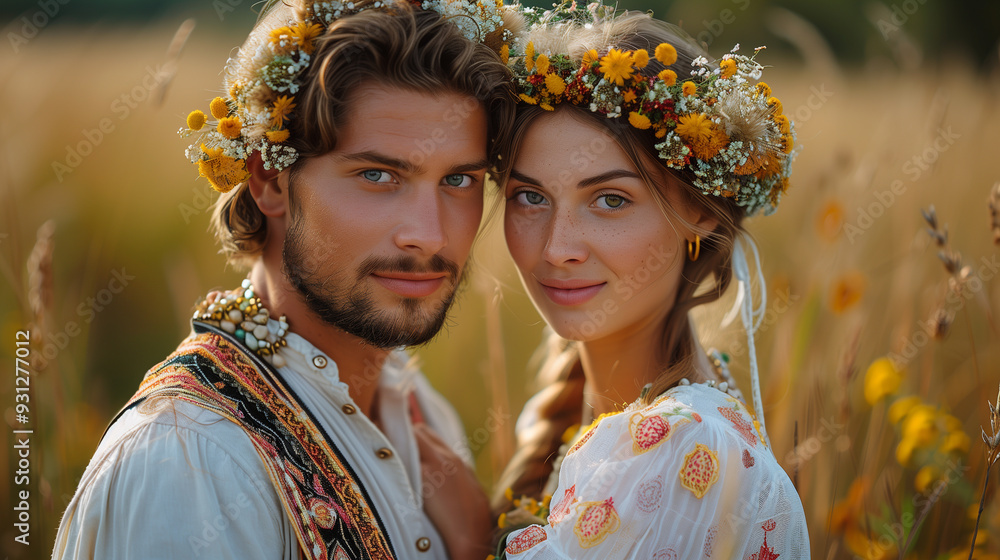 Fototapeta premium Portrait of Beautiful Newly Married Polish Couple Wearing Traditional Dress, Showcasing European Cultural Heritage, Vibrant Colours and Handcrafted Details, with Embroidery, Outdoor Grass field