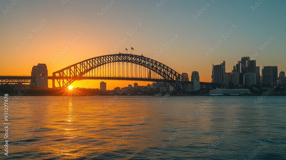 Naklejka premium A sunset view of the Sydney Harbour Bridge with city skyline reflections on the water.