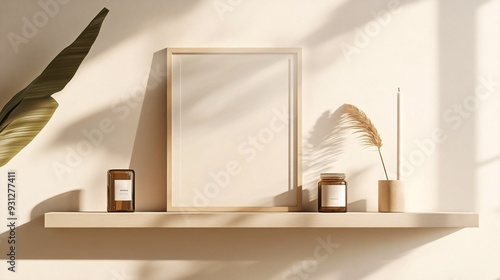 Close-up of a vertical mockup frame with a borderless design, resting on a floating shelf. The frame is surrounded by small decorative items, including a candle holder and a framed photograph. The photo