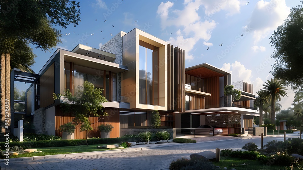Fototapeta premium modern house with clean lines and a minimalist design. The house is surrounded by a lush garden and features large windows that provide ample natural light.
