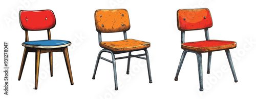 Three chairs with different colored seats and legs cartoon illustration, generative ai