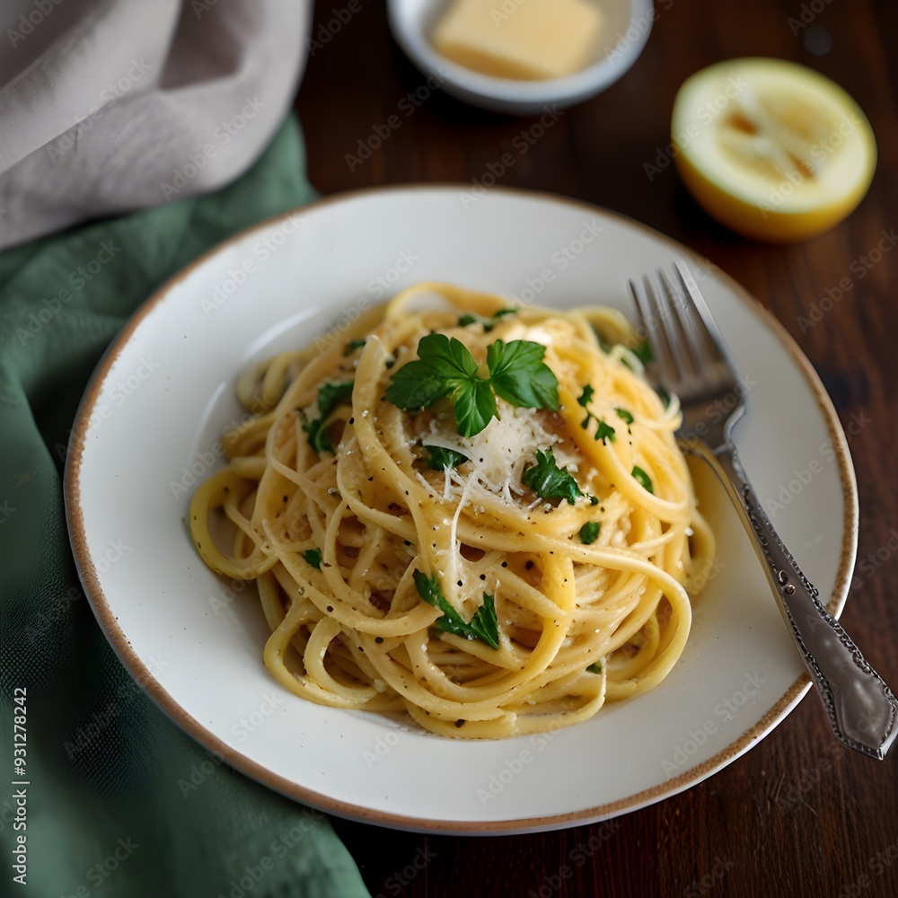 Top view of a plate of spaghetti carbonara with parmesan and parsley Top view of a plate of spaghetti carbonara with parmesan and parsley