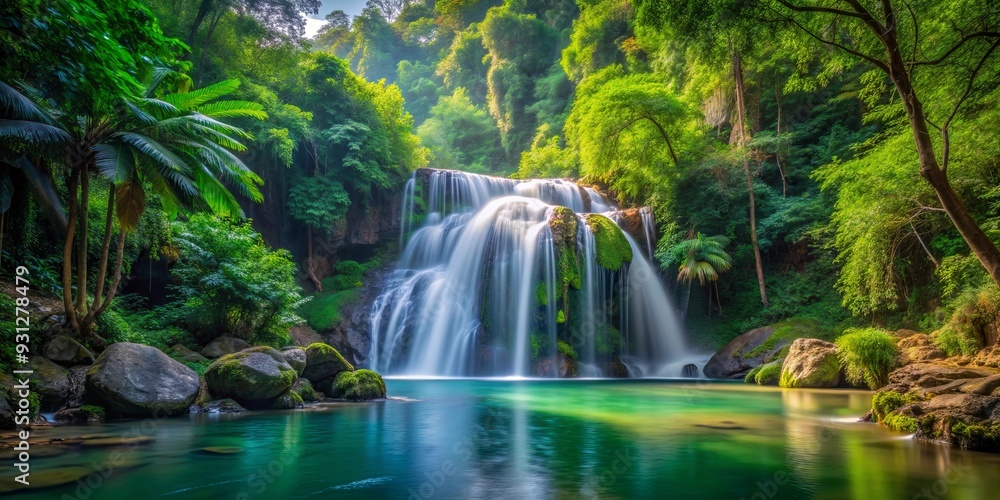 Serene waterfall surrounded by vibrant greenery in lush forest long exposure photography Serene waterfall surrounded by vibrant greenery in lush forest long exposure photography