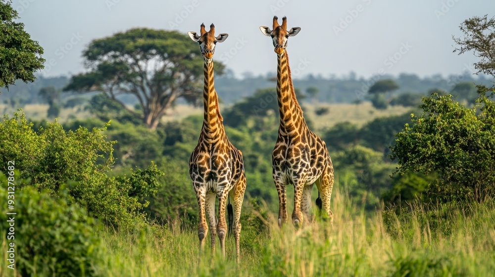 Naklejka premium Two Giraffes stand in a field of grass with a blurred background of trees.