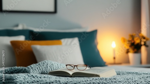 A peaceful bedroom with soft pillows, a sleep mask, and a book on sleep health, representing a nightly routine for better rest