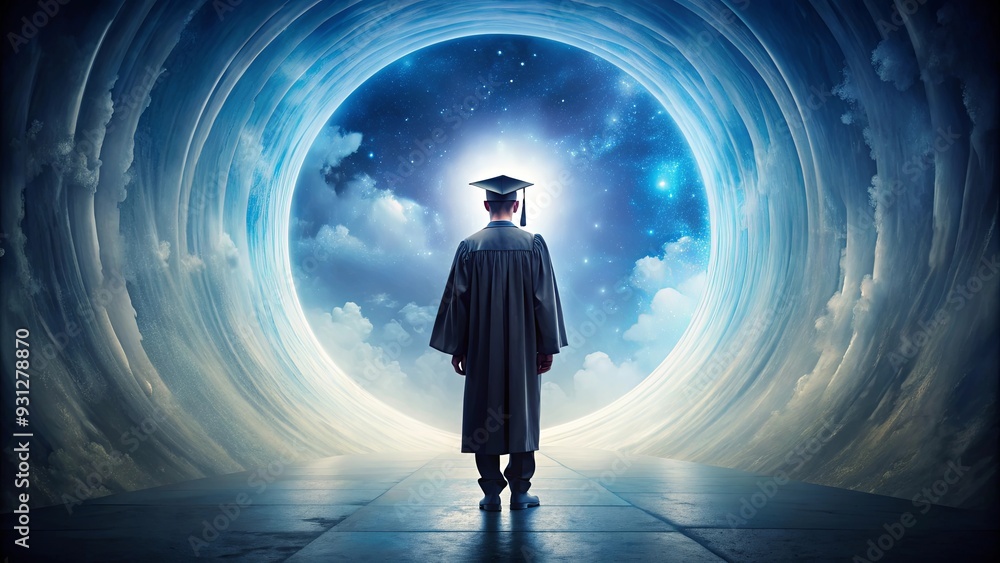 Fantastical surrealism featuring a graduate in a mystical otherworldly setting Fantastical surrealism featuring a graduate in a mystical otherworldly setting