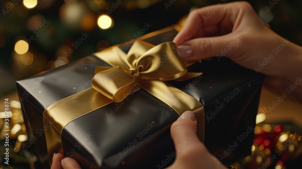 Luxurious gift wrapping in black and gold paper with satin ribbon by festive christmas tree Luxurious gift wrapping in black and gold paper with satin ribbon by festive christmas tree