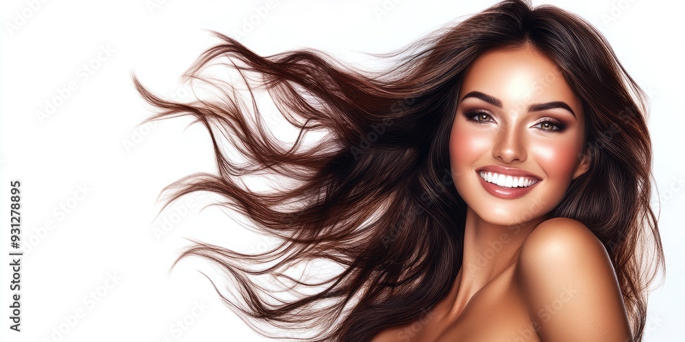 Model with flowing dark hair and radiant smile against a white background during a beauty shoot Model with flowing dark hair and radiant smile against a white background during a beauty shoot