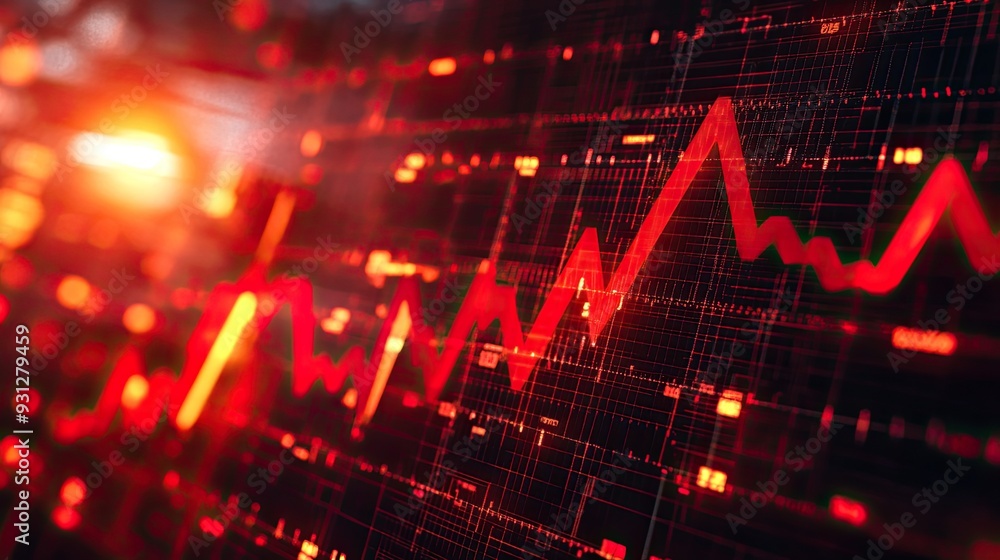 Red line graph on digital screen. Shows a stock market trend going down, representing a loss. Red line graph on digital screen. Shows a stock market trend going down, representing a loss.