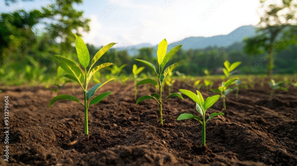 Fresh green plants sprouting from rich soil, basking in sunlight with mountains in the background, symbolizing growth and new beginnings. Fresh green plants sprouting from rich soil, basking in sunlight with mountains in the background, symbolizing growth and new beginnings.