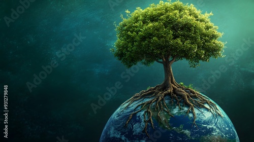 Fototapeta Naklejka Na Ścianę i Meble -  A tree growing out of the Earth, roots wrapping around the globe, gradient background from deep forest green to light sky blue, detailed textures in the tree bark and leaves, lighting is soft and