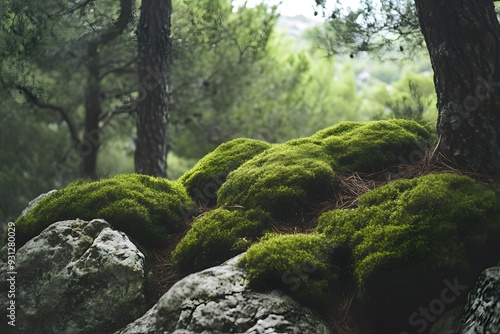 Fototapeta Naklejka Na Ścianę i Meble -  Moss-covered rocks and a tree stand tall in a sun-dappled forest