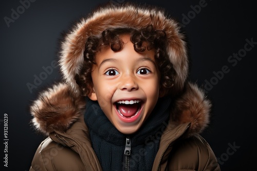 Smiling little boy in winter clothes with a hood on his head. photo