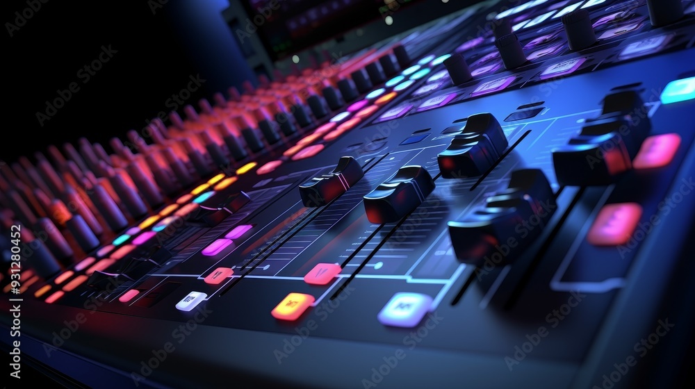 A close-up view of a modern audio mixer with colorful lights, showcasing precision controls for sound mixing and editing. A close-up view of a modern audio mixer with colorful lights, showcasing precision controls for sound mixing and editing.