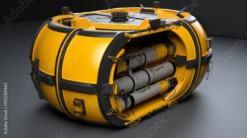 A close-up view of a futuristic yellow underwater capsule designed for exploration and research in deep ocean environments.