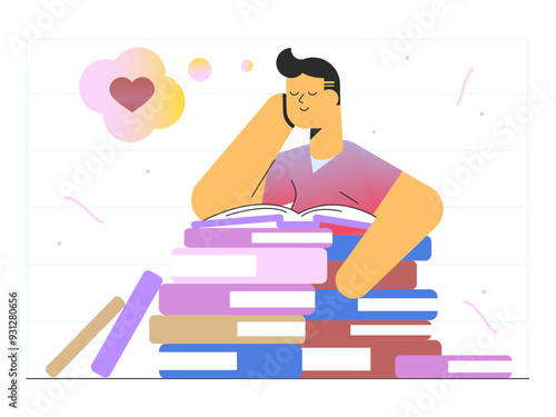 Boy dreaming on pile of books