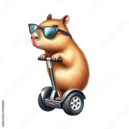 
capybara standing on a segway clip art watercolor 