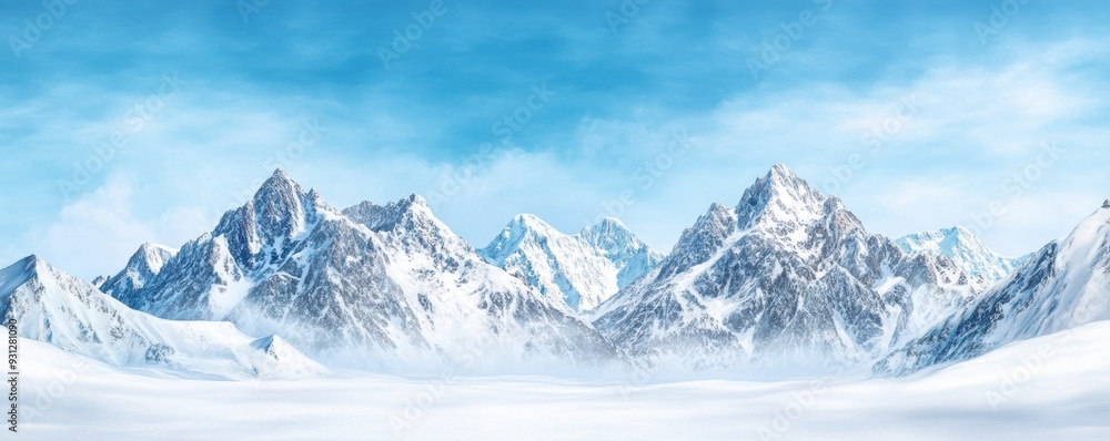 Fototapeta premium Snow-covered mountains beneath a clear blue sky, creating a peaceful winter scene