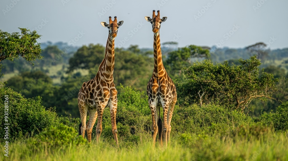 Fototapeta premium Two giraffes stand in a grassy savanna, looking straight at the camera. The giraffes are in the foreground, with a lush green background of trees and foliage.
