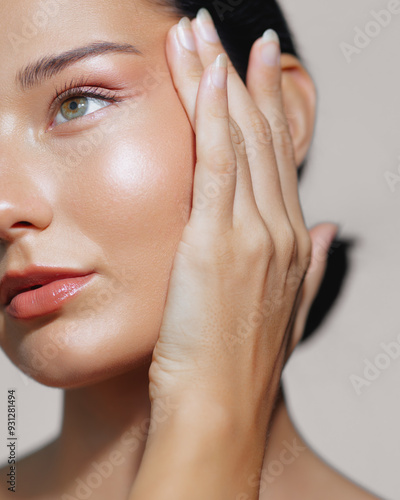 Принти на полотні Latina Beauty with Glowing Skin Posing with Hand on Cheek Against Pink