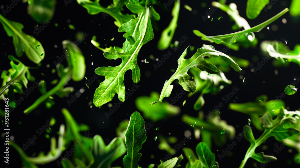 Close-up of fresh green arugula leaves floating in the air on a black background. Arugula background. A useful ingredient for salad. A dietary organic product Close-up of fresh green arugula leaves floating in the air on a black background. Arugula background. A useful ingredient for salad. A dietary organic product