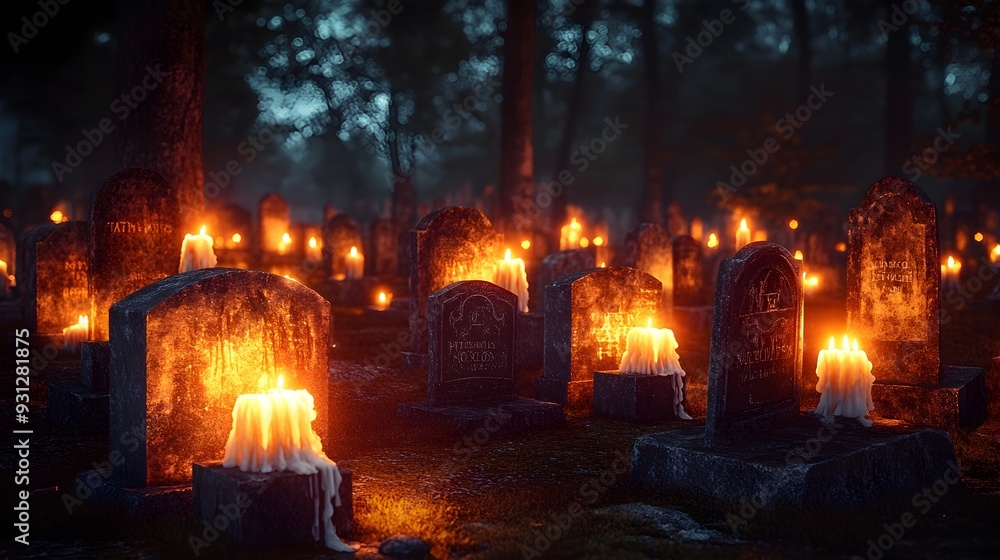 Fototapeta premium Candles Burning In Graveyard At Night