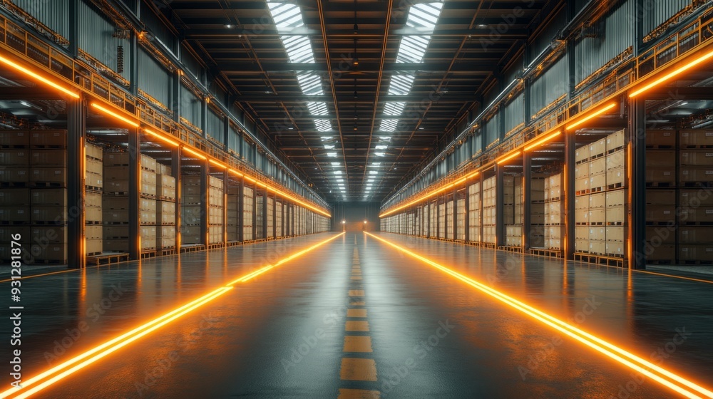 A modern warehouse with glowing lines A modern warehouse with glowing lines