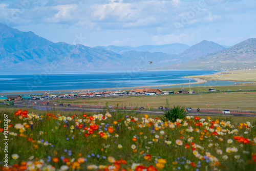 Sailimu lake, or Sayram lake, an endorheic freshwater lake in the northern Tianshan Mountains, Bortala Mongol Autonomous Prefecture, Xinjiang Uyghur Autonomous Region, China photo