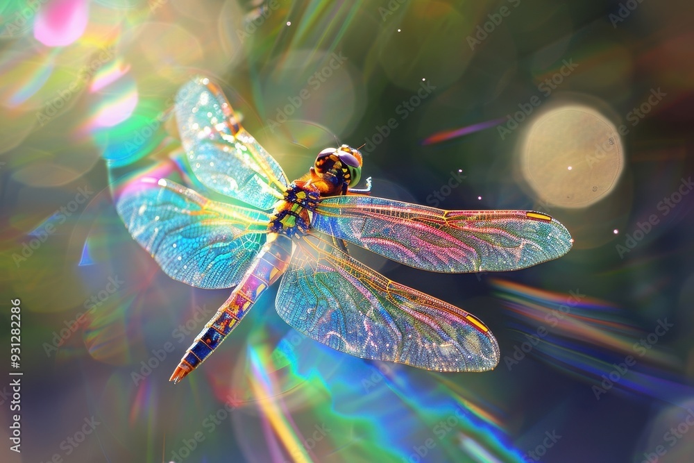A holographic dragonfly in flight, its wings creating a rainbow trail behind it. A holographic dragonfly in flight, its wings creating a rainbow trail behind it.
