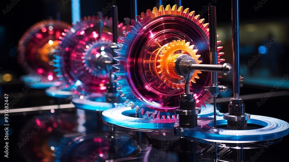 Fototapeta premium Close-up of vibrant gears showcasing intricate design and engineering marvels in a contemporary setting.