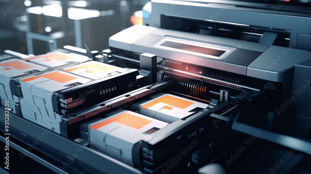 High-tech printer with multiple cartridges ready for operation in a modern office setup, showcasing advanced printing technology. High-tech printer with multiple cartridges ready for operation in a modern office setup, showcasing advanced printing technology.