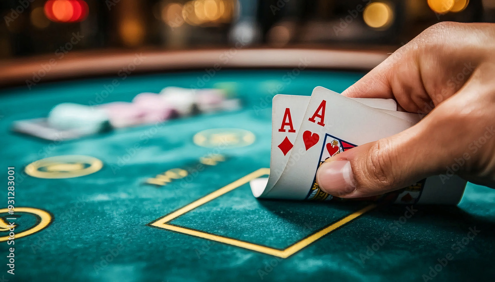 Obraz premium Casino set with roulette wheel, cards, dice and poker chips. Colorful Casino background