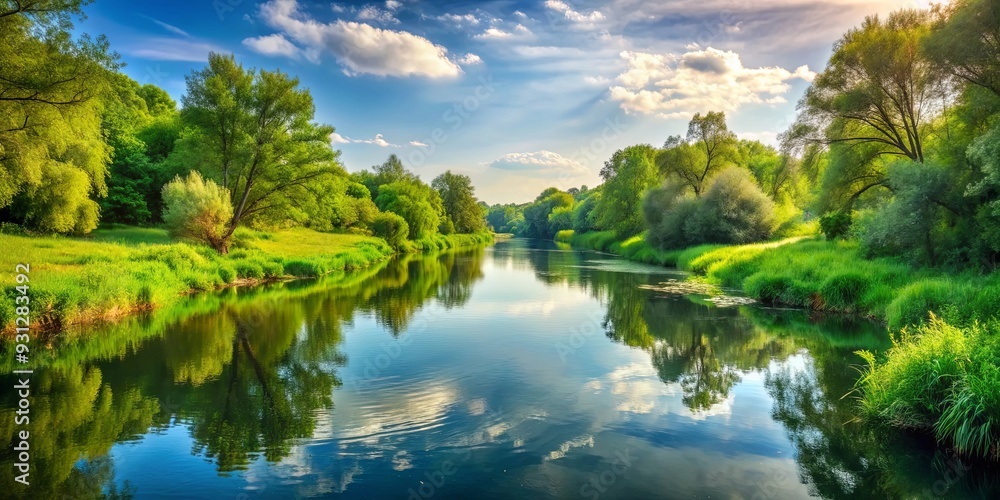 Tranquil landscape with calm river flowing peacefully through lush greenery Tranquil landscape with calm river flowing peacefully through lush greenery