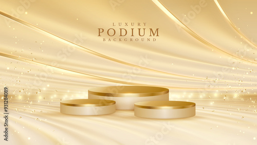 Luxury gold podium for show products with ribbons decorations and glitter light effects and bokeh.