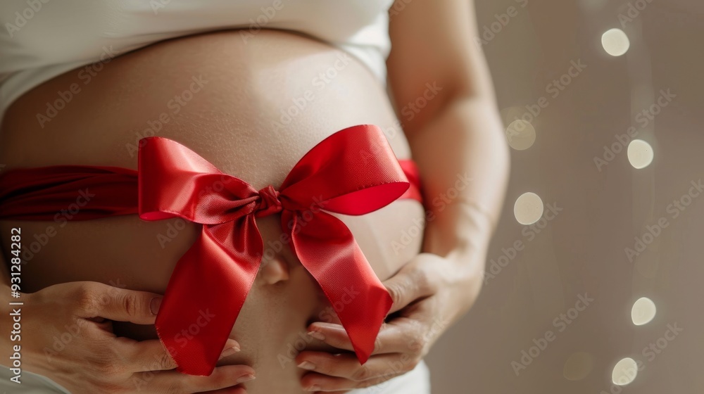 pregnant woman's belly with a red ribbon bow, close-up against bright light background, featuring soft bokeh and elegant focus on the pregnant stomach, capturing beauty pregnant woman's belly with a red ribbon bow, close-up against bright light background, featuring soft bokeh and elegant focus on the pregnant stomach, capturing beauty