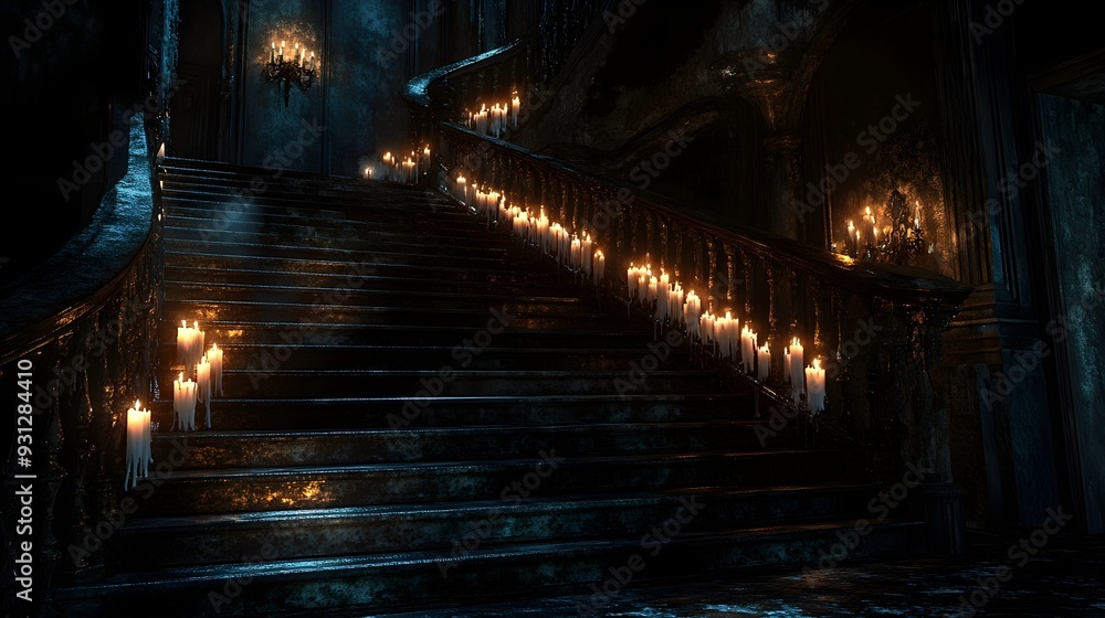 Dark & Mystical Candlelit Staircase in Gothic Interior Dark & Mystical Candlelit Staircase in Gothic Interior