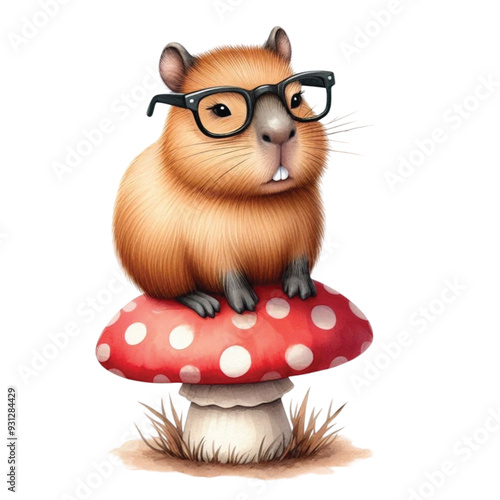 capybara reading a book on a mushroom's back clip art watercolor 