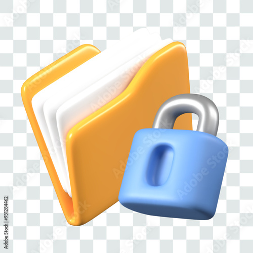 Realistic folder with documents, padlock. Concept of limited access to information