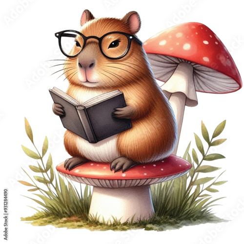 capybara reading a book on a mushroom's back clip art watercolor 